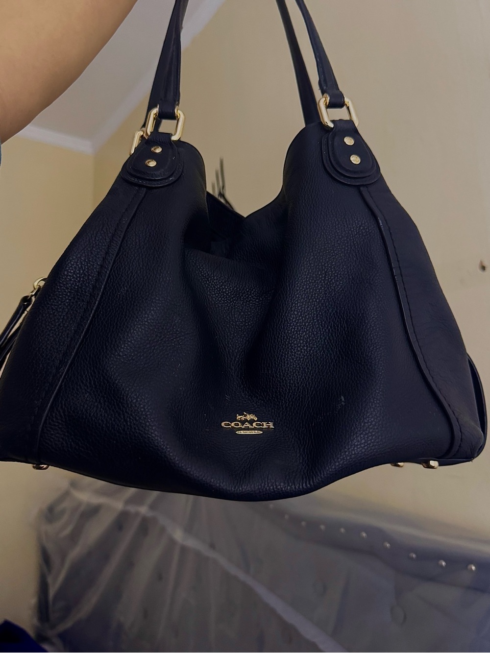 Coach Eddie Black Pebbled Leather Shoulder Bag with Gold Hardware